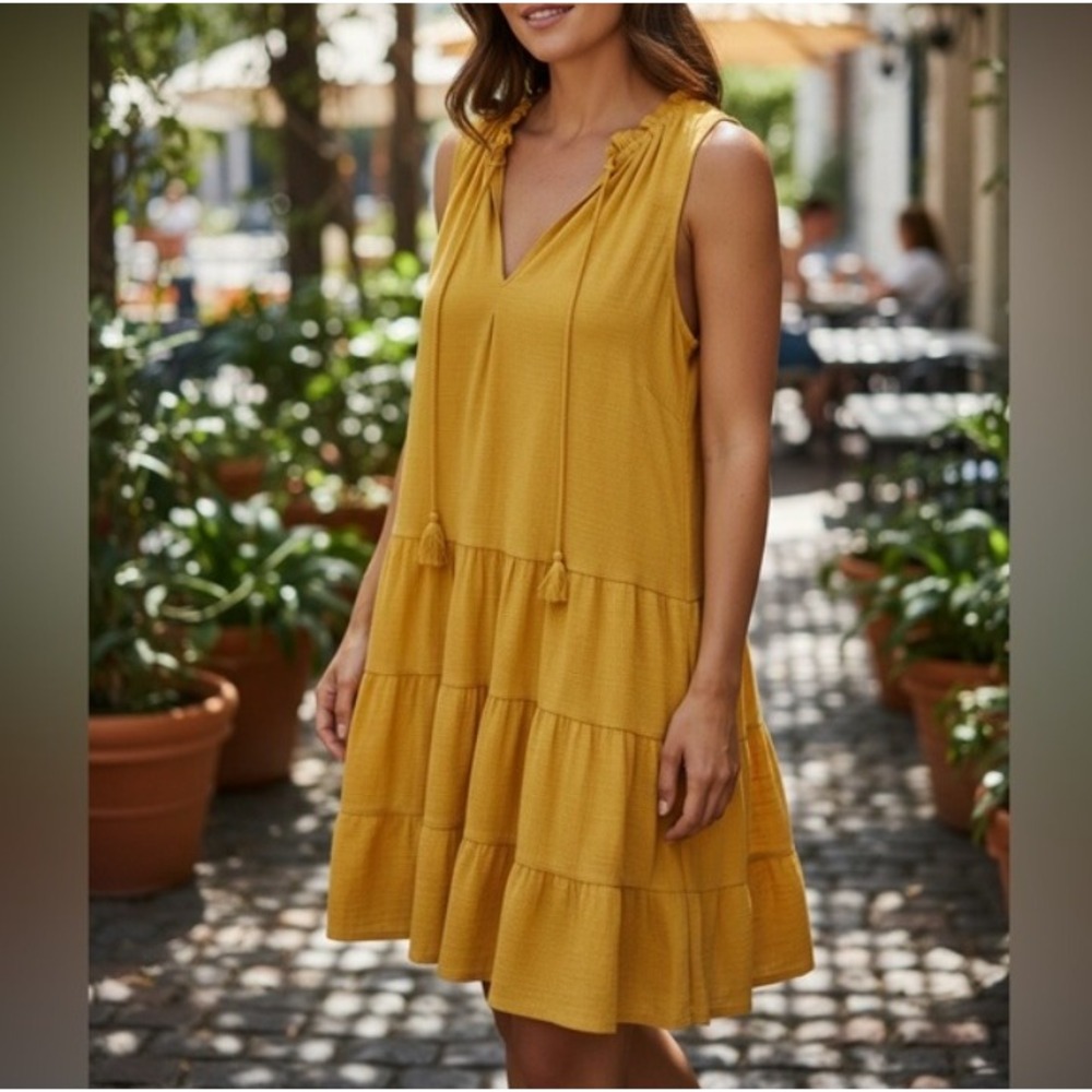 Max Studio Tiered Dress Women S Mustard Yellow Tassel Boho Peasant Coastal Chic